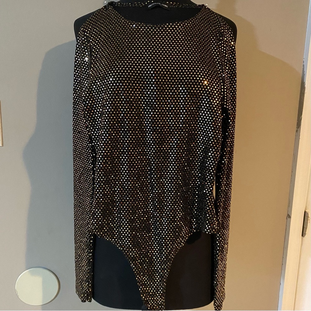 NWT Pretty Little Thing Black Sequin Women’s body suit